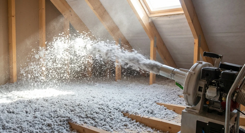 Gros plan d'une souffleuse en action projetant de la laine de verre soufflée dans un comble, avec la projection bien visible et uniforme, montrant le matériel professionnel en fonctionnement. L'image doit montrer clairement le flux de matériau blanc/gris sortant de la buse de la souffleuse, et l'intérieur du comble ou du vide de toiture se remplissant uniformément d'isolation. Vue prise de façon à mettre en avant le contrôle et la précision du soufflage.