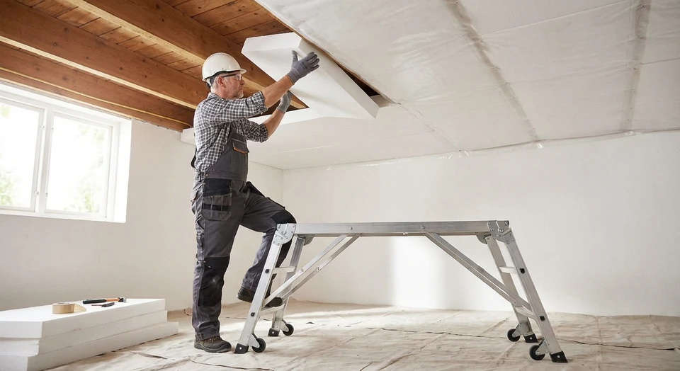 Photographie réaliste d'un ouvrier en tenue de travail professionnelle effectuant l'installation de panneaux isolants blancs ou gris sur un plafond bas d'un intérieur résidentiel (maison ancienne). L'ouvrier est positionné face au plafond, travaillant à hauteur sur un échafaudage ou escabeau sécurisé. La zone isolante est partiellement complétée, montrant clairement les panneaux isolants fixés au plafond existant. L'arrière-plan montre les murs de la pièce, une fenêtre, créant un contexte authentique de rénovation résidentielle. L'image doit transmettre professionnalisme, expertise technique et amélioration concrète de l'habitat.
