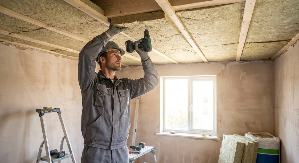 Artisan professionnel en tenue de chantier (combinaison grise ou bleue, casque de sécurité) installant une isolation thermique en laine minérale ou en polyuréthane sur un plafond d'intérieur. L'artisan doit être photographié en train de fixer ou d'ajuster les panneaux isolants avec un outil approprié, dans un intérieur en rénovation montrant clairement un plafond bas en cours d'isolation. L'atmosphère doit être professionnelle et réaliste, sans clichés génériques.