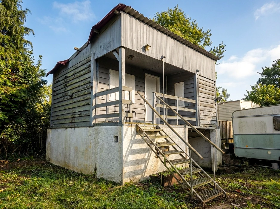 Chantier de rénovation de façade d'immeuble avec ouvrier travaillant sur échafaudage tubulaire métallique
