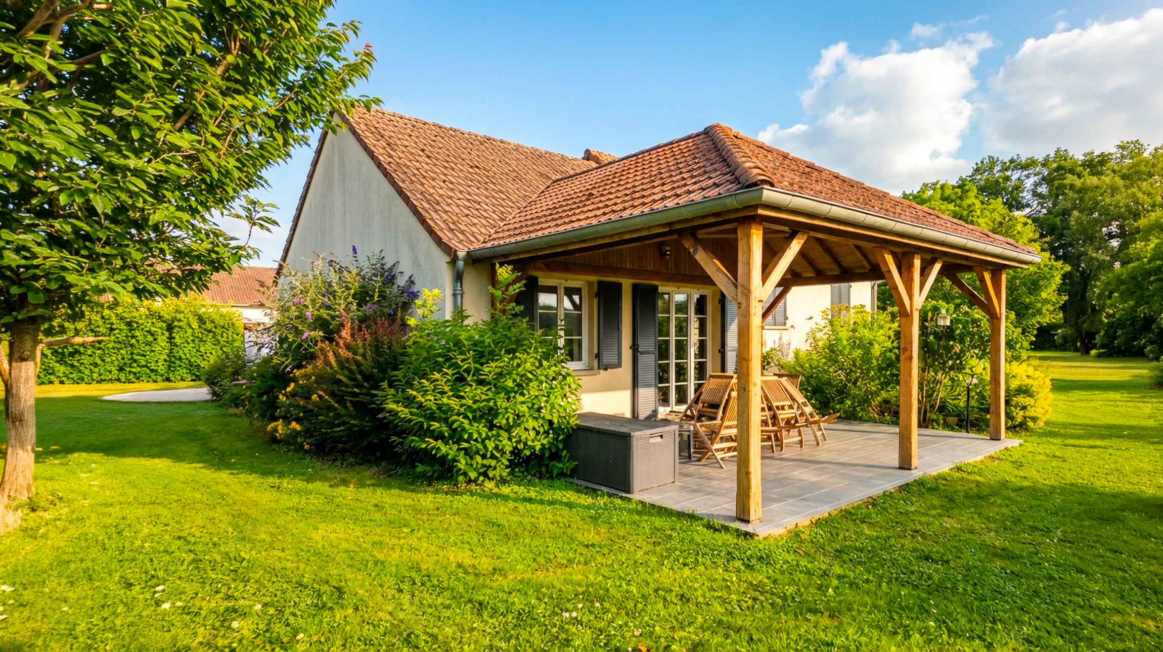 Chantier de r&eacute;novation de fa&ccedil;ade d'immeuble avec ouvrier travaillant sur &eacute;chafaudage tubulaire m&eacute;tallique