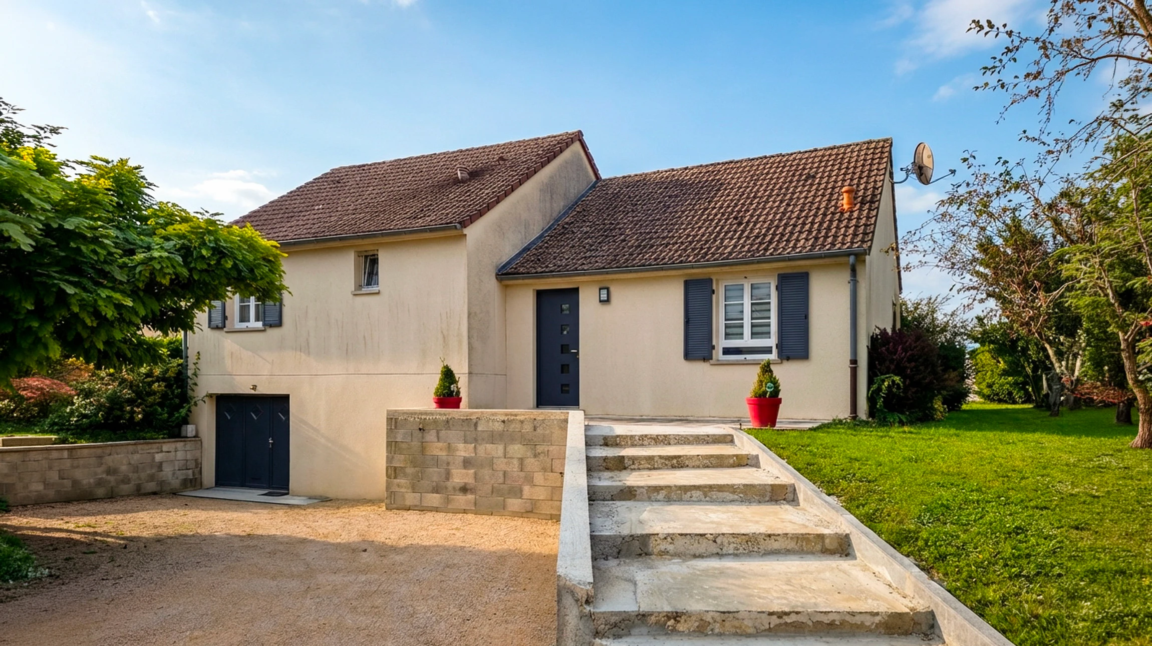 Chantier de construction résidentielle en cours avec ouvriers sur échafaudage travaillant sur façade